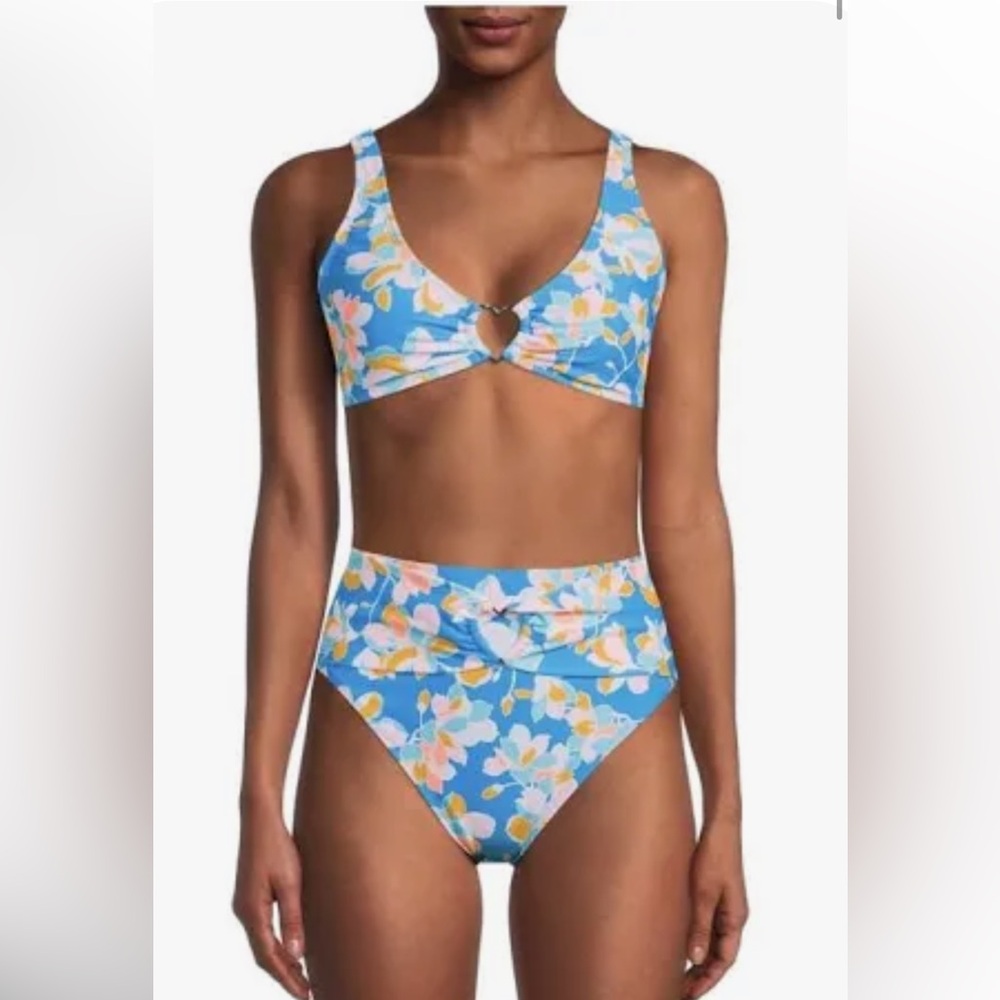 No Boundaries Floral Blue High Waist Women's Bikini Set With Heart Ring